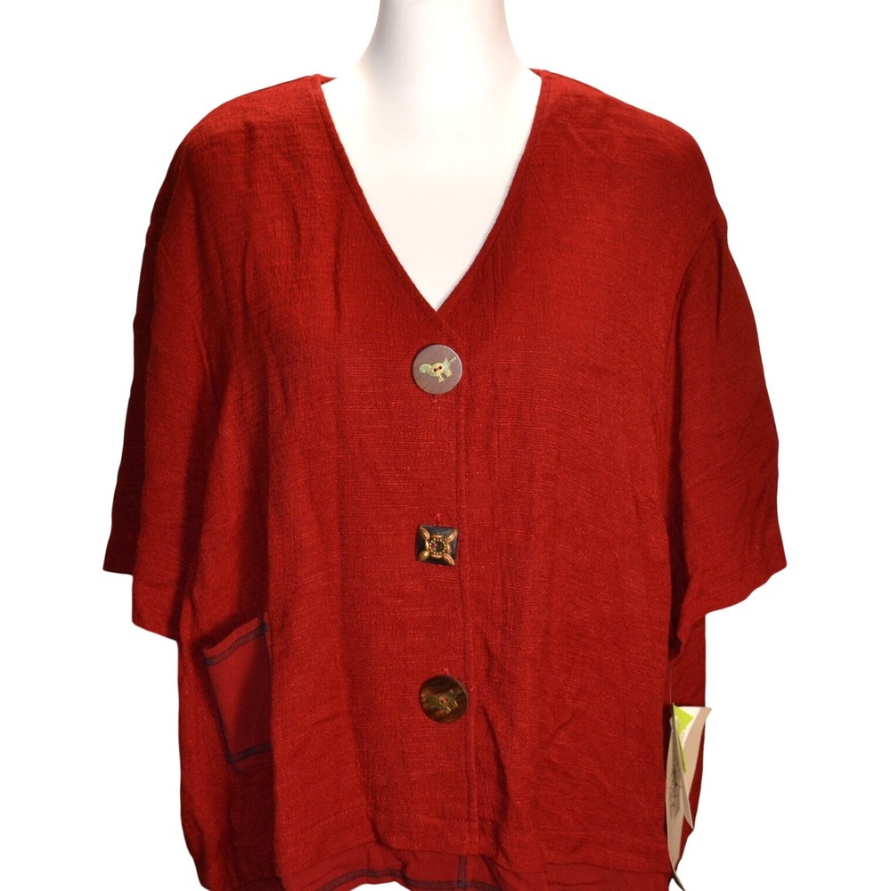 Earth Song‎ Jacket Womens 24W Red Good Short Sleeve Rayon Artistic Button Front